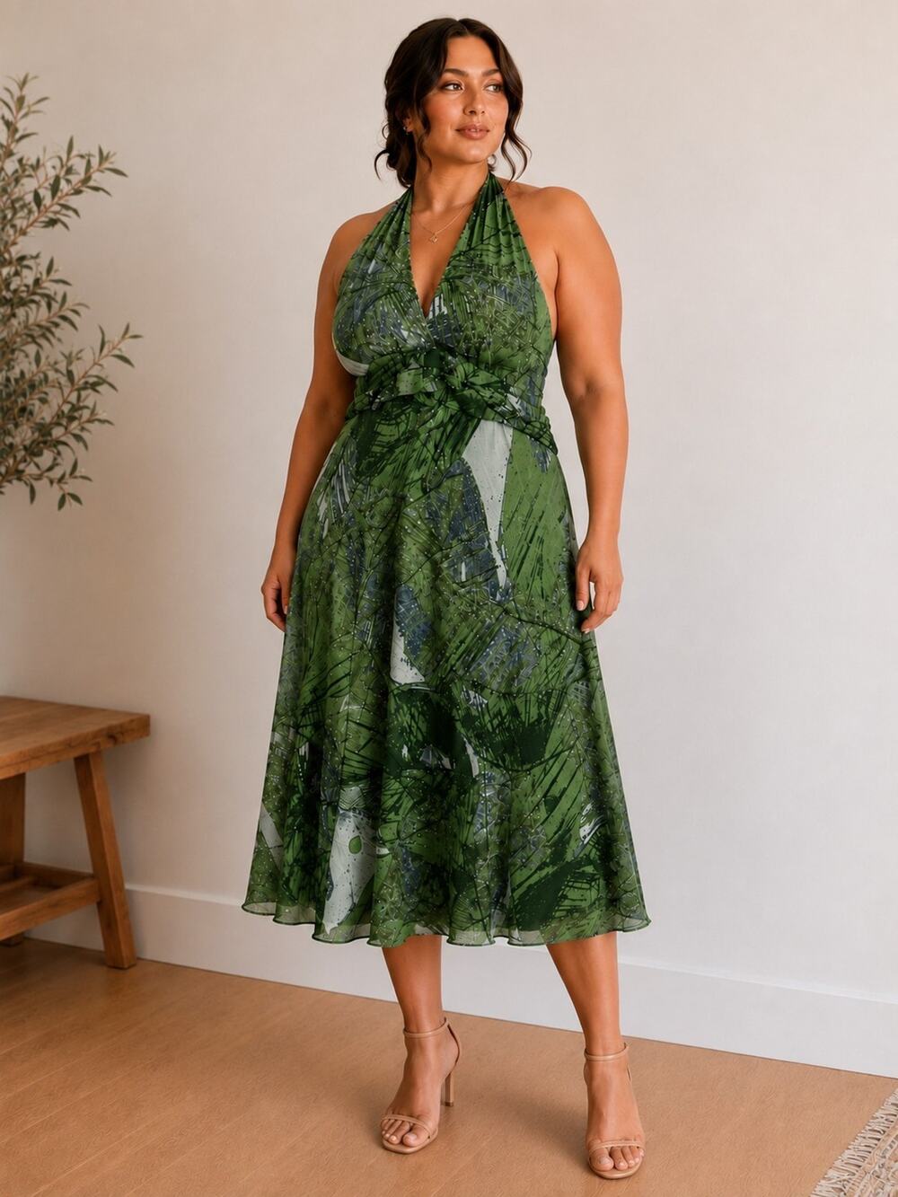 Jonathan Martin 16W Green Floral Halter Midi Dress Forest Garden Fairy Y2k Boho